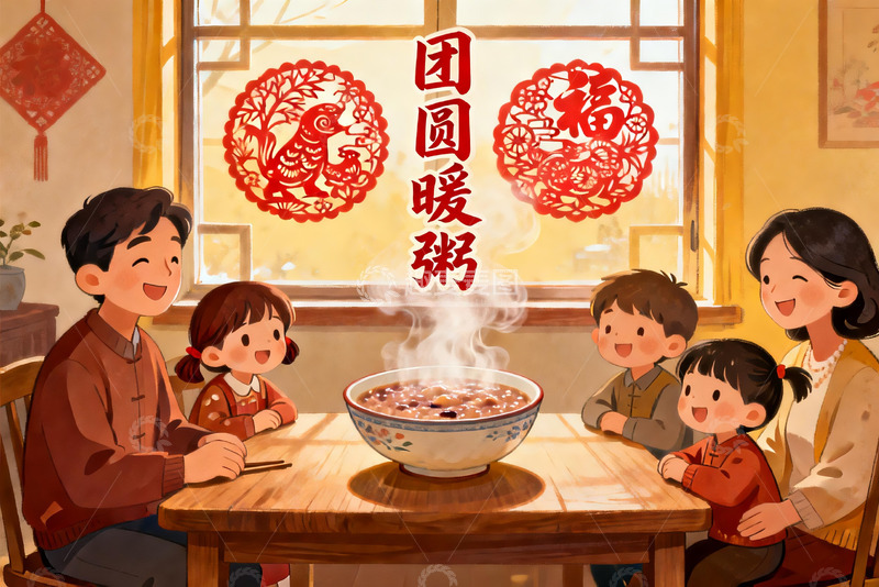 高清大图下载【趣麦麦图】温馨家庭吃团圆粥
