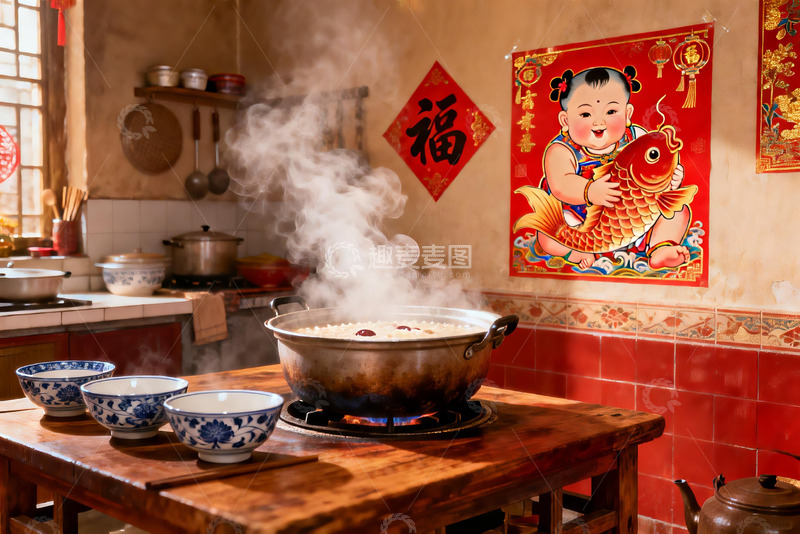 高清大图下载【趣麦麦图】中式厨房热气腾腾的烹饪场景