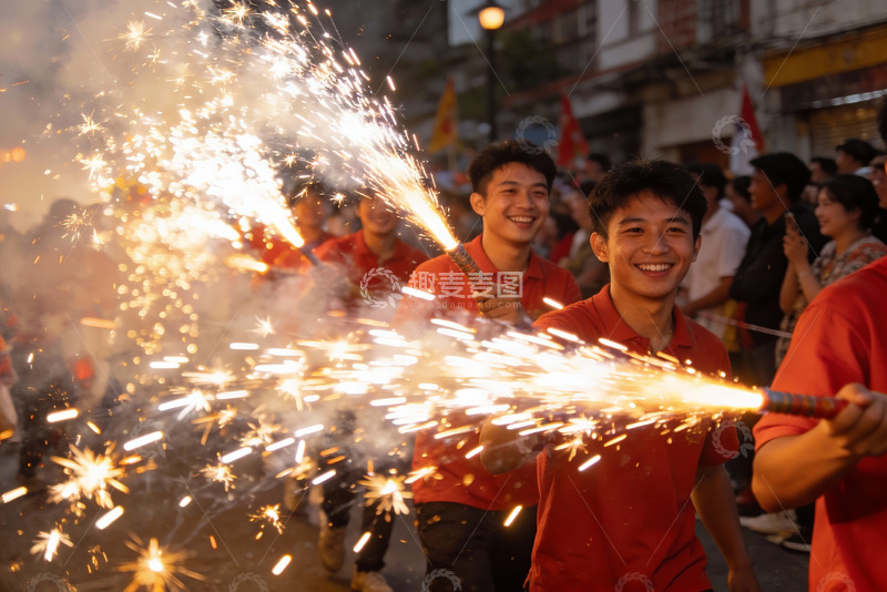 高清大图下载【趣麦麦图】街头烟花表演欢庆场景