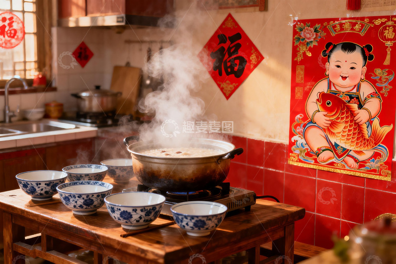 高清大图下载【趣麦麦图】厨房热气腾腾的年夜饭场景