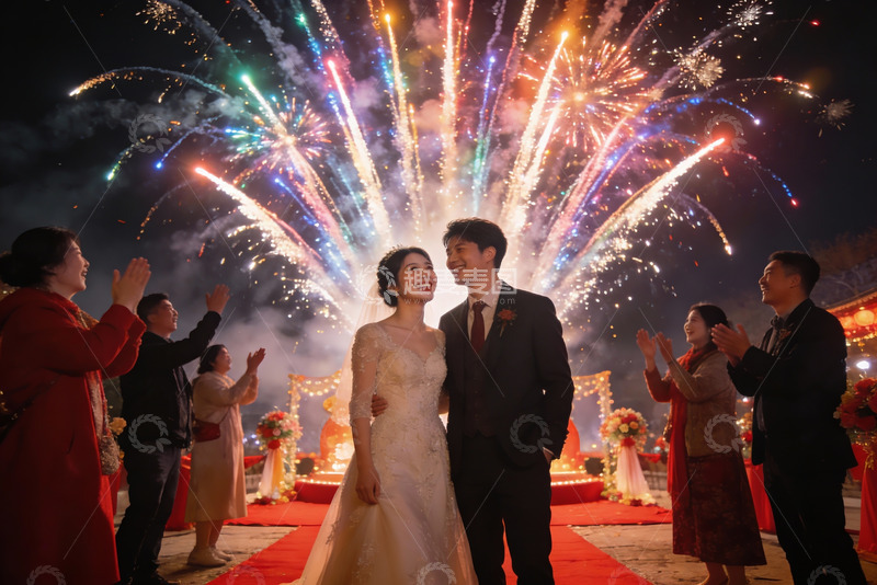 高清大图下载【趣麦麦图】烟花下的婚礼现场新人与宾客