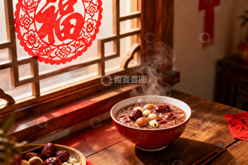 高清大图下载【趣麦麦图】热气腾腾的腊八粥与窗花
