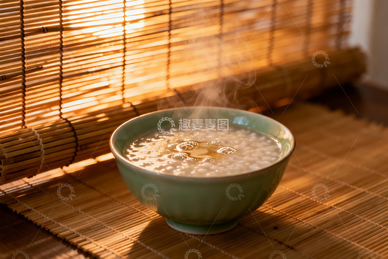 高清大图下载【趣麦麦图】热气腾腾的米粥与竹帘光影