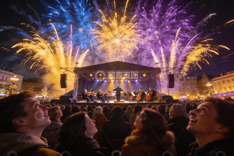 高清大图下载【趣麦麦图】夜空烟花音乐演出人群观赏