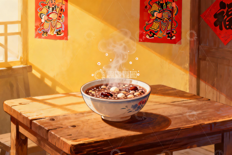 高清大图下载【趣麦麦图】热气腾腾的粥与传统装饰