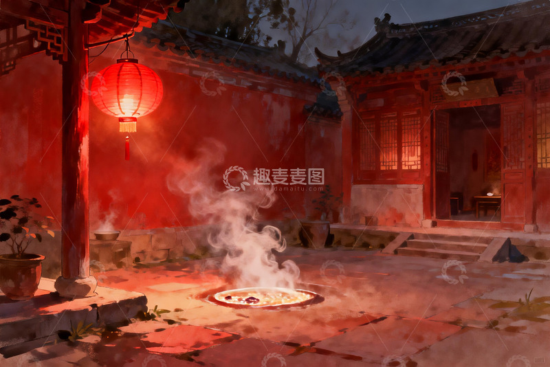 高清大图下载【趣麦麦图】古色古香庭院夜景红灯笼