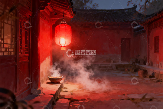 古风庭院红灯笼夜景