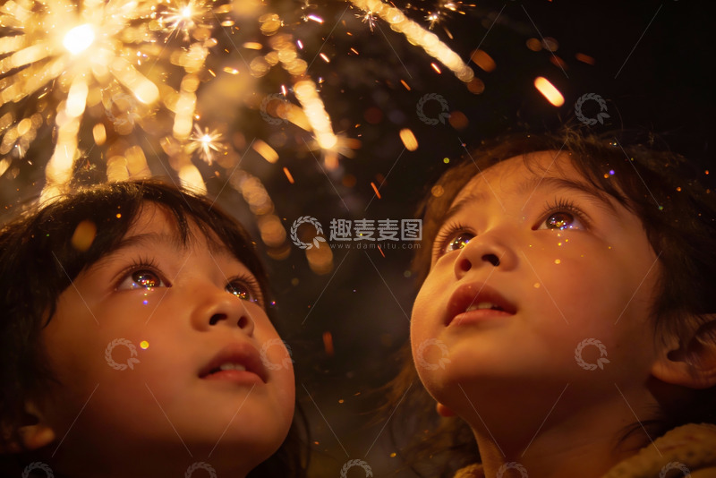 高清大图下载【趣麦麦图】小女孩仰望夜空烟花