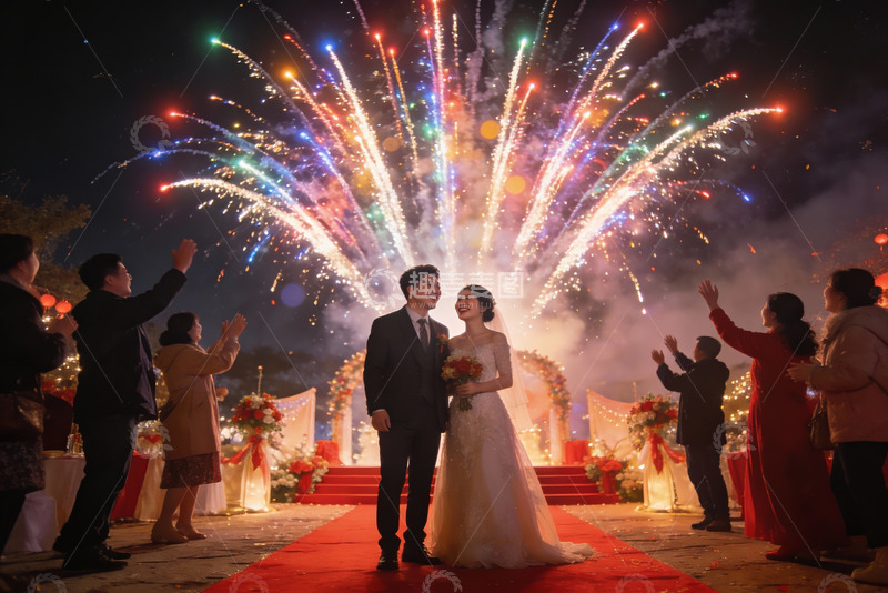 高清大图下载【趣麦麦图】婚礼现场烟花绽放新人合影