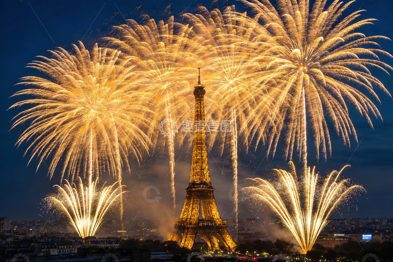 高清大图下载【趣麦麦图】埃菲尔铁塔夜空烟花绽放