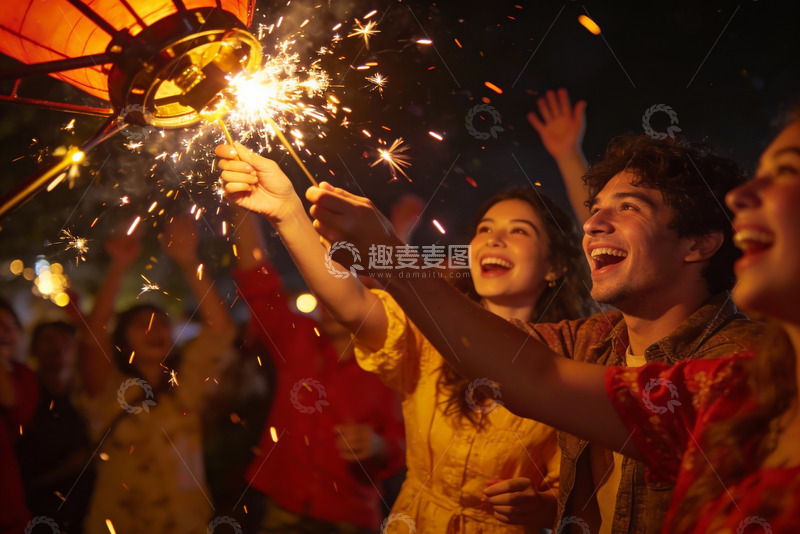 高清大图下载【趣麦麦图】夜游人群手持烟花灯笼欢庆