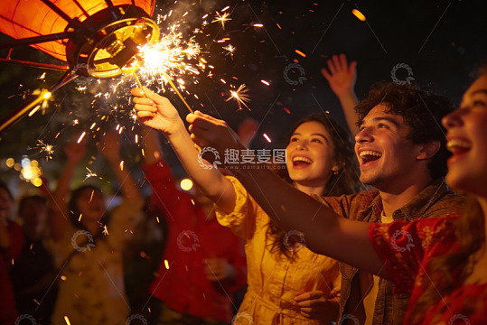 夜游人群手持烟花灯笼欢庆
