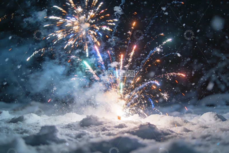 高清大图下载【趣麦麦图】雪地烟花夜景