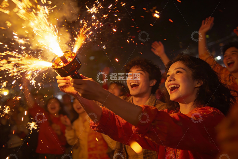 高清大图下载【趣麦麦图】夜空中绽放的烟花与欢笑人群