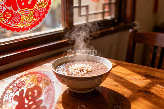 热气腾腾的粥碗窗边静景