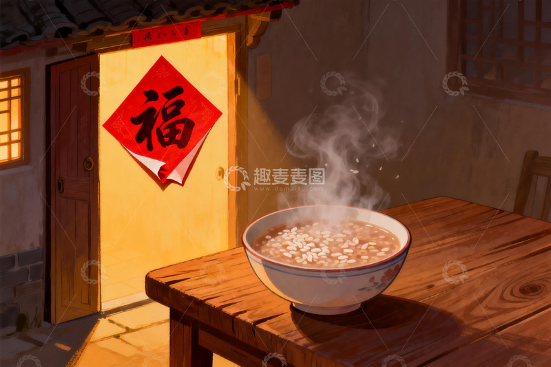 高清大图下载【趣麦麦图】暖光下热气腾腾的米粥