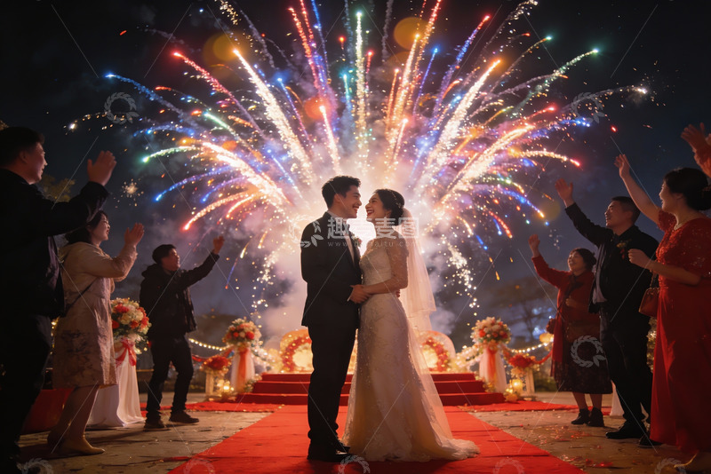 高清大图下载【趣麦麦图】婚礼现场烟花绽放新人相拥