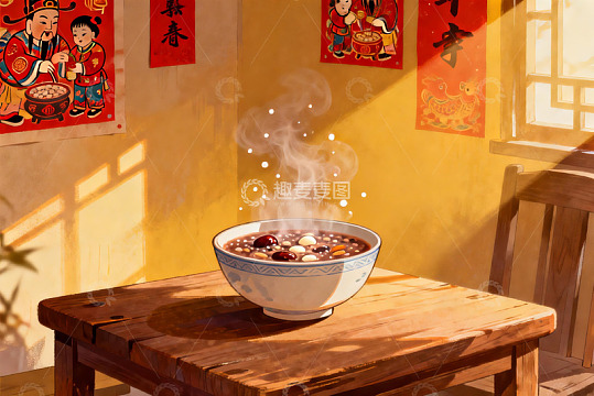 暖阳下的热气粥品与传统挂画