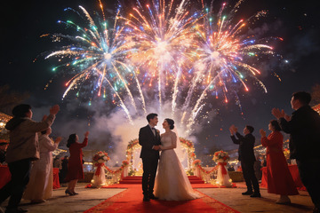 婚礼现场烟花绽放新人合影