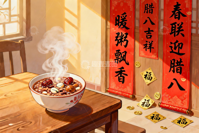 高清大图下载【趣麦麦图】春节腊八粥与春联装饰