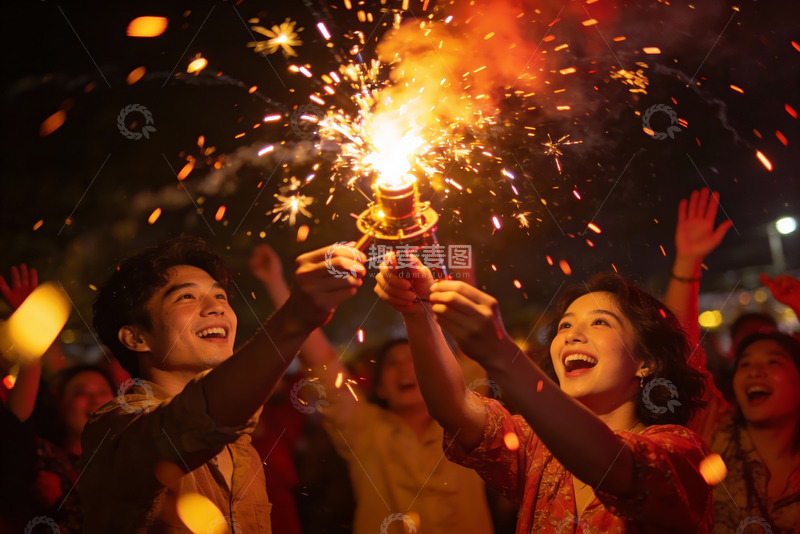 高清大图下载【趣麦麦图】夜景烟花下欢庆人群