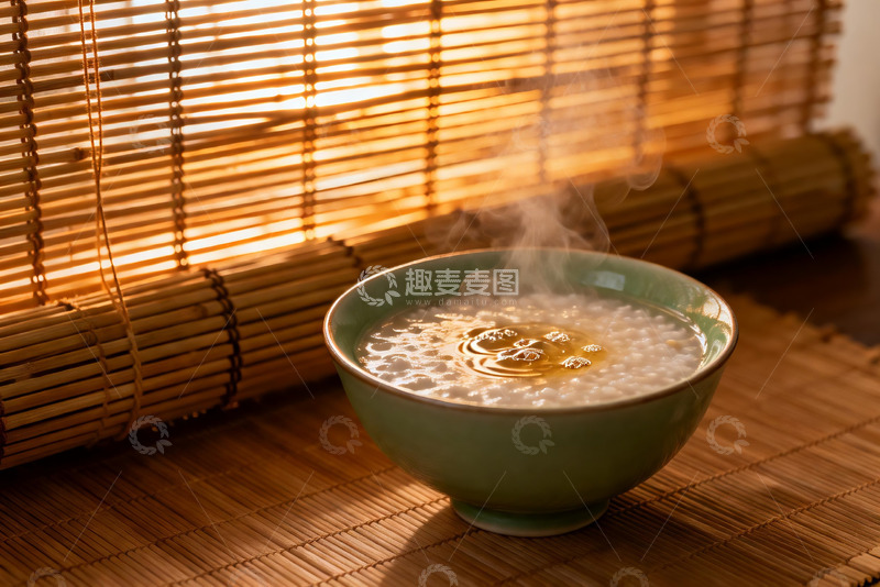 高清大图下载【趣麦麦图】热气腾腾的米粥与竹帘