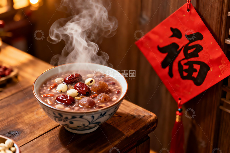 高清大图下载【趣麦麦图】热气腾腾的八宝粥与福字装饰