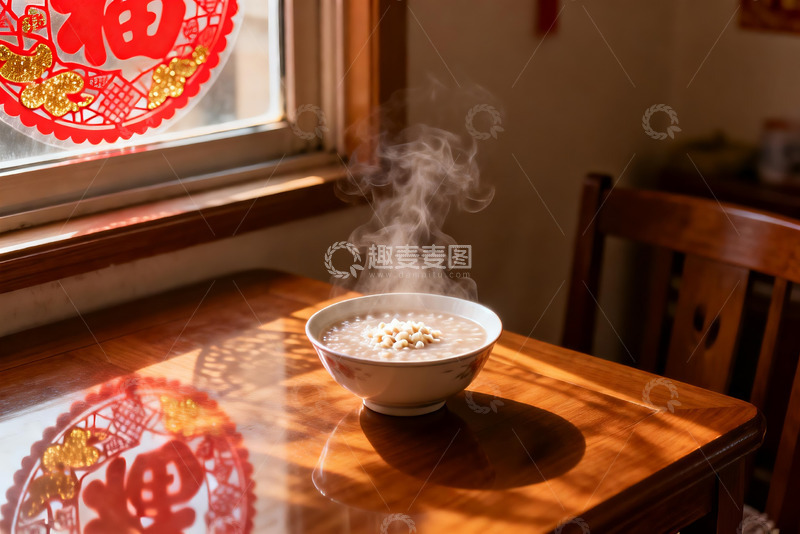 高清大图下载【趣麦麦图】热气腾腾的粥摆放在木质桌上