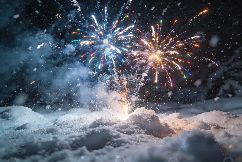 高清大图下载【趣麦麦图】雪地夜空烟花绽放