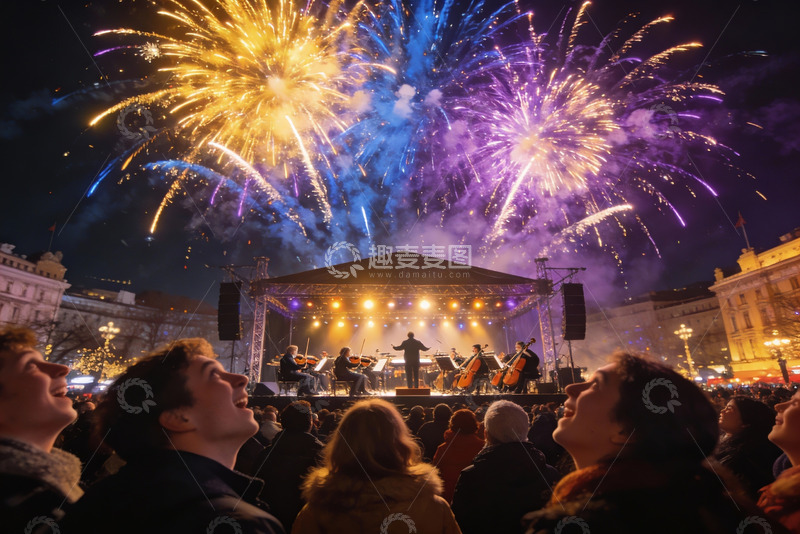 高清大图下载【趣麦麦图】夜空烟花音乐会上观众仰望