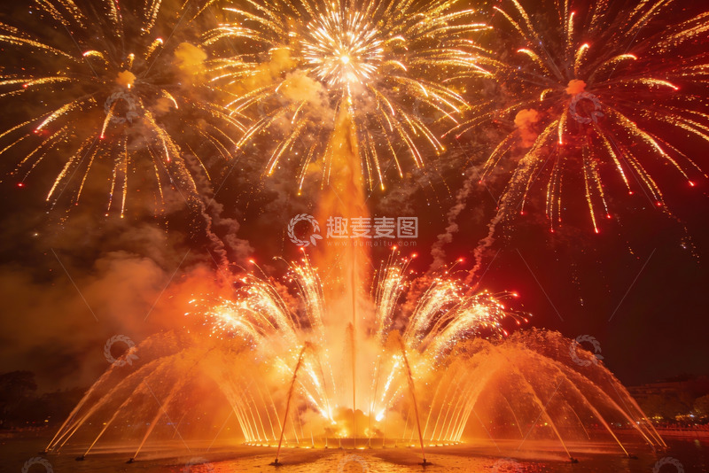 高清大图下载【趣麦麦图】夜空烟花绽放喷泉共舞
