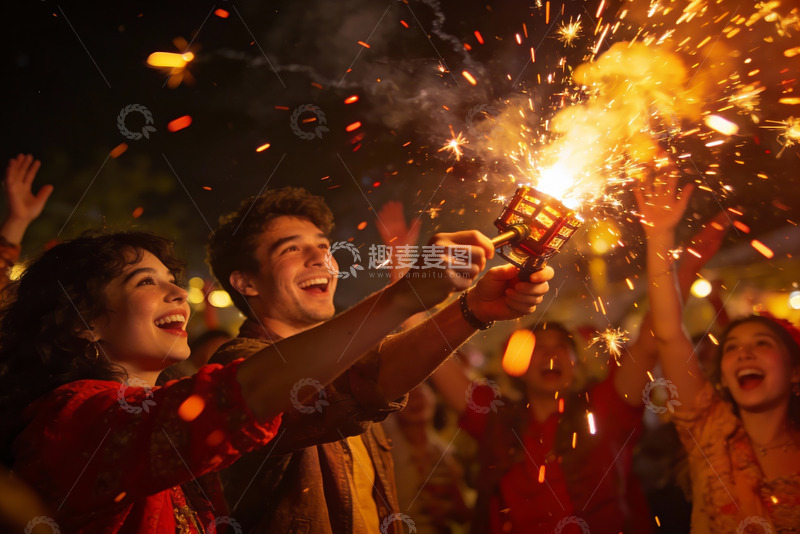 高清大图下载【趣麦麦图】夜市烟花表演欢庆场景