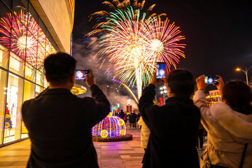 夜景烟花秀众人拍照留念