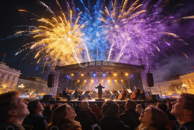 高清大图下载【趣麦麦图】夜空烟花音乐表演人群观赏