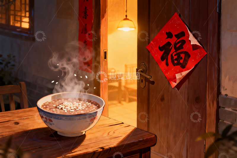 高清大图下载【趣麦麦图】热气腾腾的粥与福字门贴
