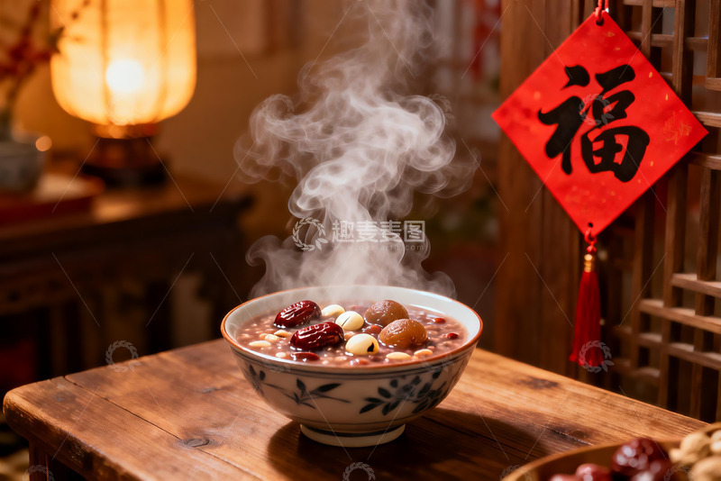 高清大图下载【趣麦麦图】热气腾腾的腊八粥配福字挂饰