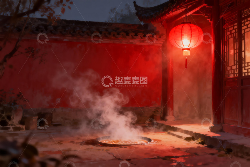高清大图下载【趣麦麦图】古庭院夜景红灯笼与热气
