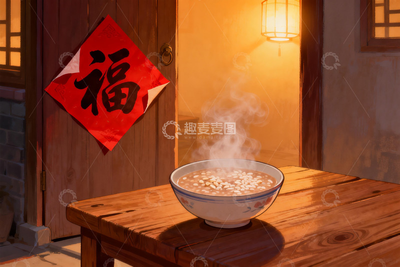 高清大图下载【趣麦麦图】暖光下热气腾腾的米粥