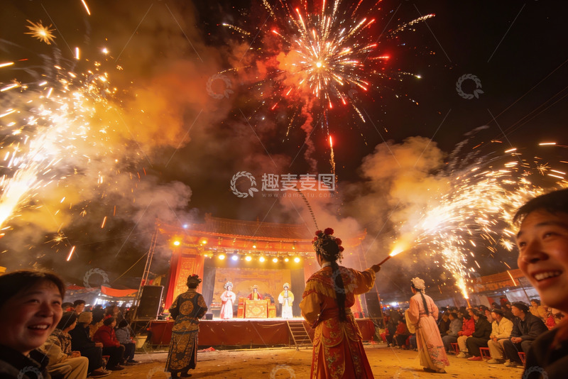 高清大图下载【趣麦麦图】烟花璀璨夜戏表演热闹非凡