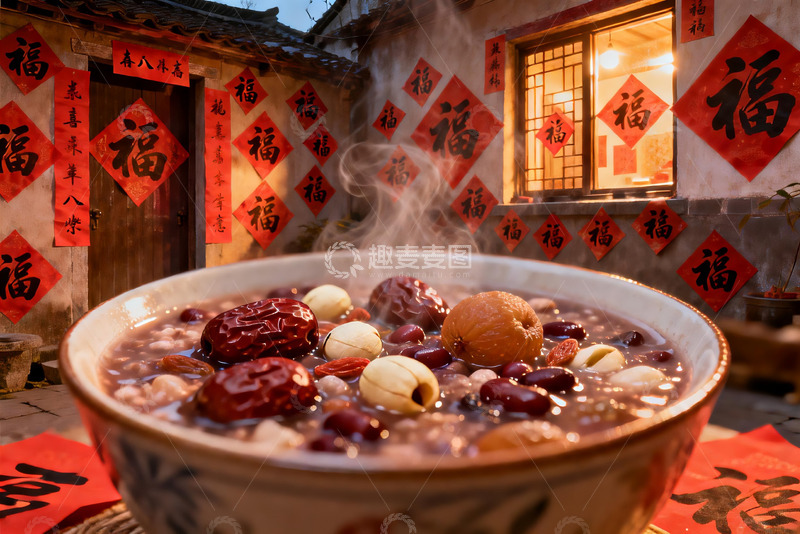 高清大图下载【趣麦麦图】热气腾腾的腊八粥与福字装饰