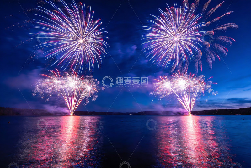 高清大图下载【趣麦麦图】夜空烟花绽放湖面倒影绚丽