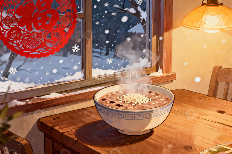 高清大图下载【趣麦麦图】窗边热粥雪景温馨画面