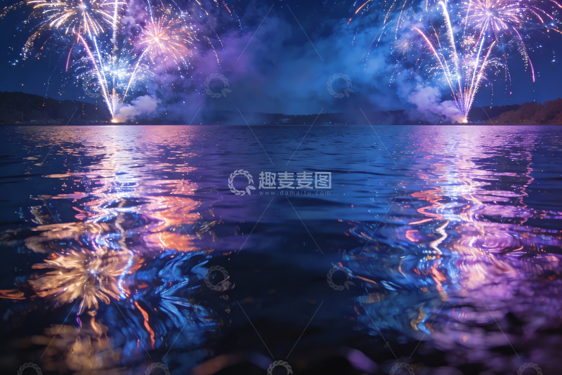 高清大图下载【趣麦麦图】夜空烟花映湖面绚丽多彩