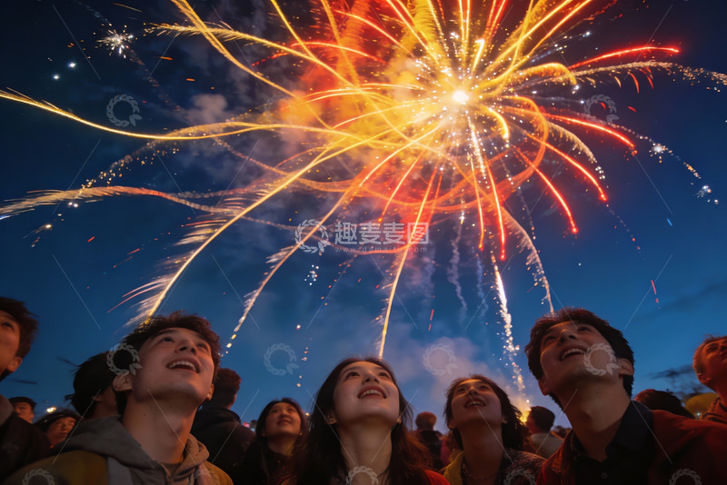 高清大图下载【趣麦麦图】夜空烟花绽放人群仰望