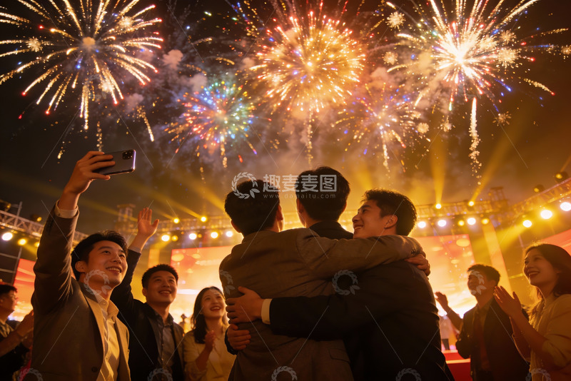 高清大图下载【趣麦麦图】夜空烟花下人群欢聚自拍