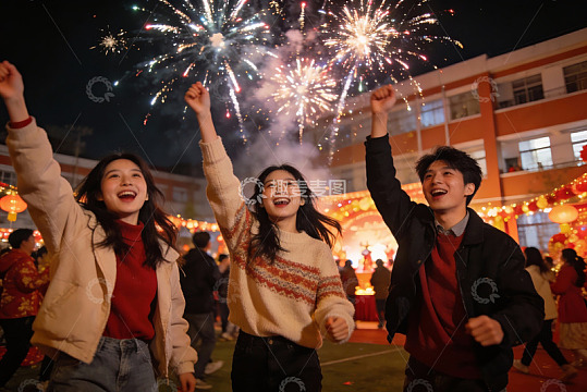 夜空中绽放烟花三人欢庆