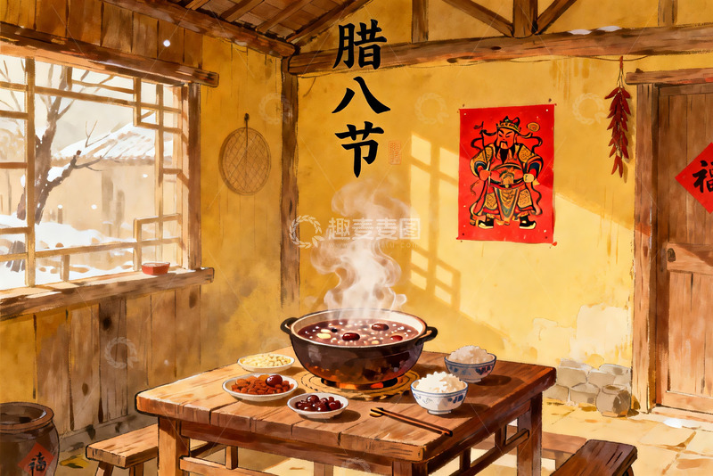 高清大图下载【趣麦麦图】腊八节乡村厨房热气腾腾
