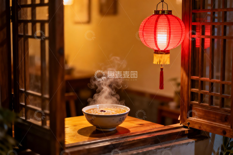 高清大图下载【趣麦麦图】古窗前热气腾腾的汤碗与红灯笼