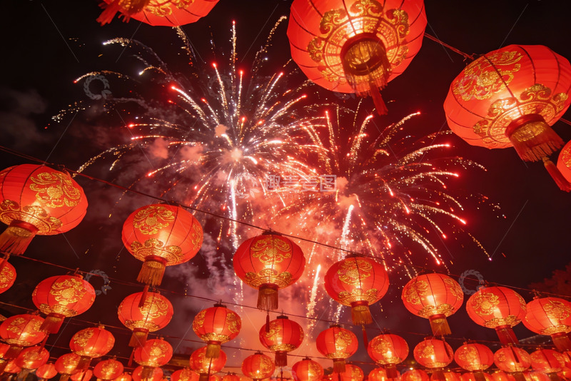 高清大图下载【趣麦麦图】夜空烟花灯笼齐放节日盛景
