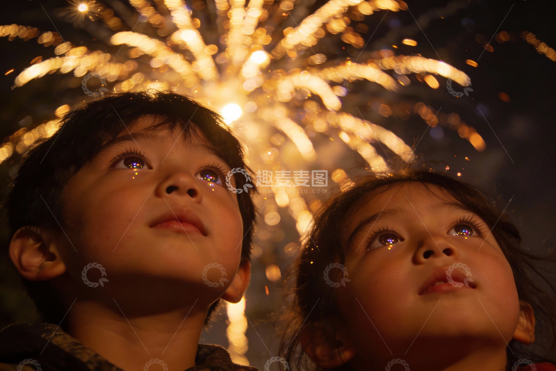 高清大图下载【趣麦麦图】孩童仰望夜空烟花